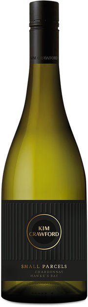 A bottle of Kim Crawford Small Parcels Chardonnay from Hanley Bay, featuring a dark olive-green glass bottle with a black label and black screw cap, set against a plain white background.
